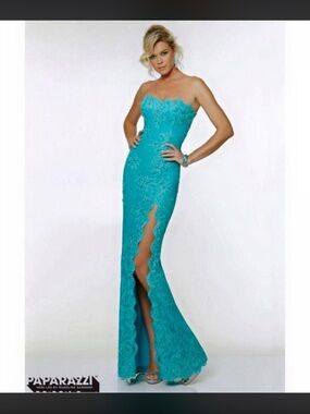 Paparazzi Turquoise Strapless Scalloped Lace Gown